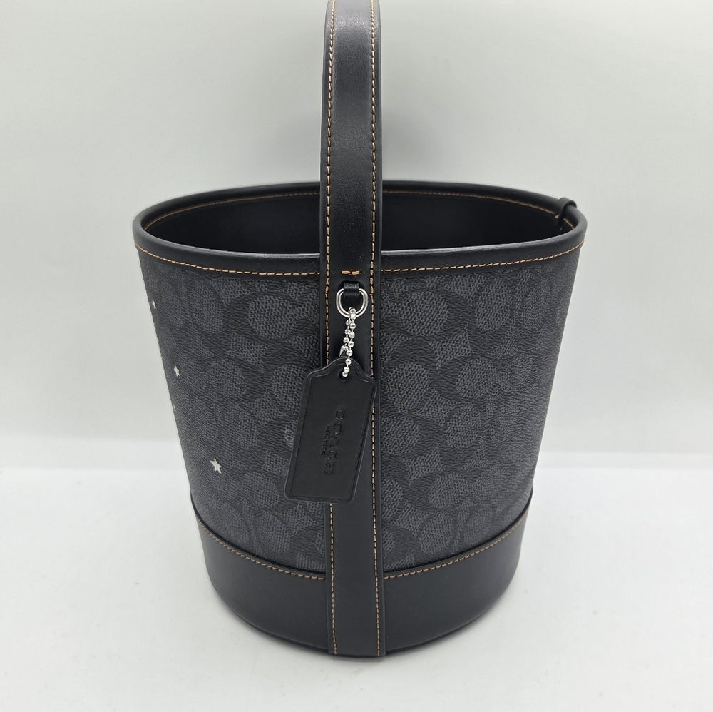 Coach Halloween Bucket Tote Bag C Logo AOP Cat & Moon Stars CW536 Black & Gray - Picture 2 of 9